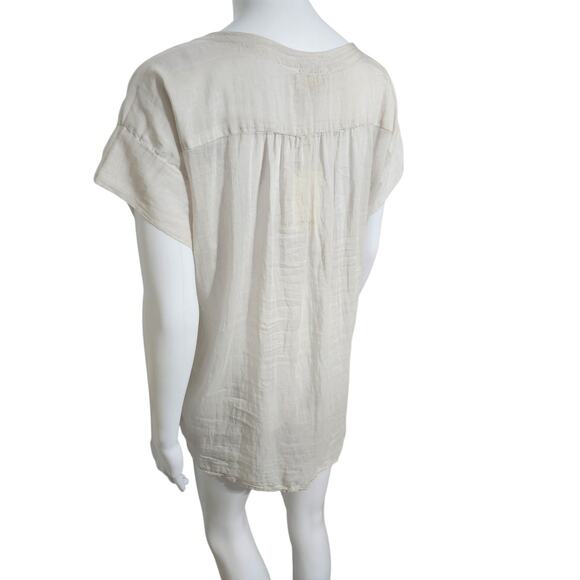 Momoni Medium Peasant Cotton Silk Sheer Lagenlook Blouse Beige Hi Low Hem Top - Picture 3 of 10